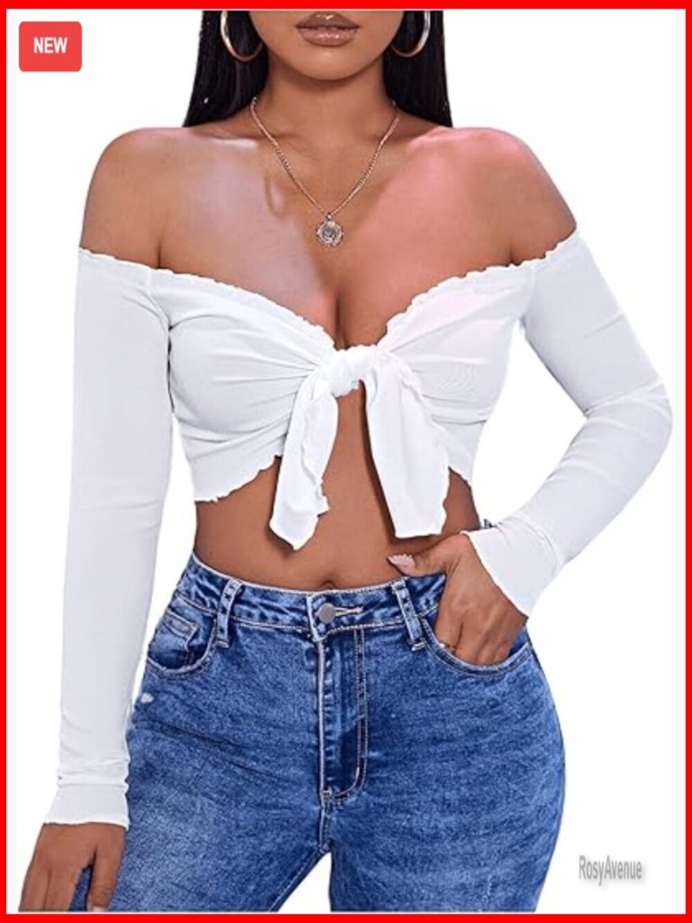 Off Shoulder Tie Front Knot Lettuce Trim Long Sleeve Crop Top
